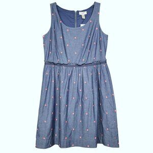 Ann Taylor Loft Dress Women's 6 Chambray Blue Pink Dots Sleeveless 100% Cotton